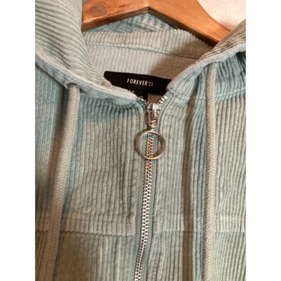 Forever 21 Corduroy Jacket Womens XS Light Sage Green Front Zip Hooded Bomber - Picture 8 of 13